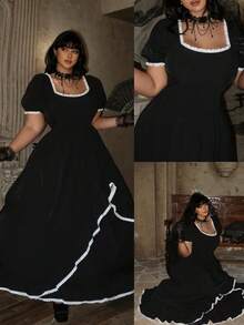 Flirla Vestido de talla grande con mangas abullonadas y dobladillo con volantes, en estilo de bloques de color para primavera y verano - Negro - Ver 1