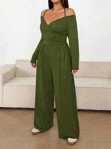 Sunnyshic Frilya 大码女士纯色露肩褶皱阔腿休闲连体裤 - 軍綠色 - 查看 4