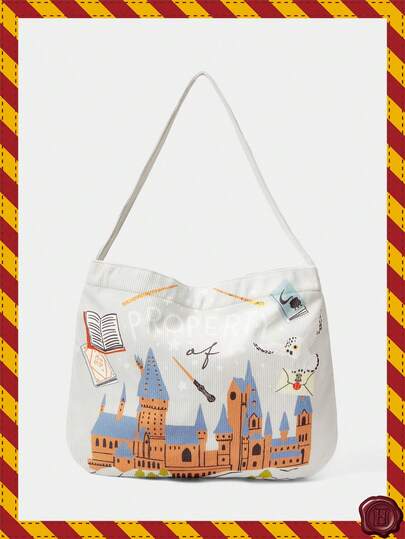 HARRY POTTER X SHEIN 1pcs Large-Capacity One-Shoulder Handbag With Printed Pattern, Suitable For Camping, Travel, Shopping, School, Work And Other Occasions.