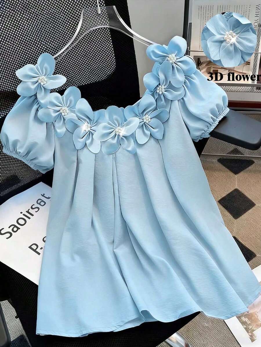 Franclia Áo tay ngắn kiểu Pháp đính hoa ngọc trai 3D, áo phong cách mùa hè đi biển, áo tay ngắn mùa hè thanh lịch, áo mùa hè thường ngày, đồ đi biển nữ, kỳ nghỉ hè, áo màu xanh nhạt. - Màu xanh lam - Xem 1