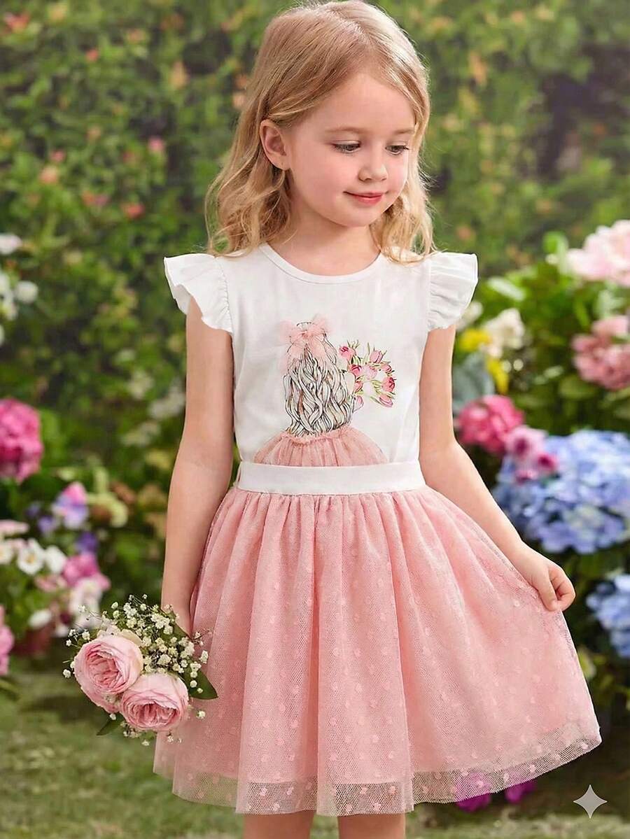 女童印花荷叶边下摆T恤和粉色裙子套装 - 彩色 - 查看 1