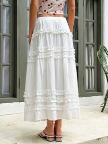 MainGRL 2026新款白色女士多层荷叶边半身裙，优雅休闲设计，适合多种场合：派对、郊游、春游、休闲、通勤 - 白色 - 查看 2