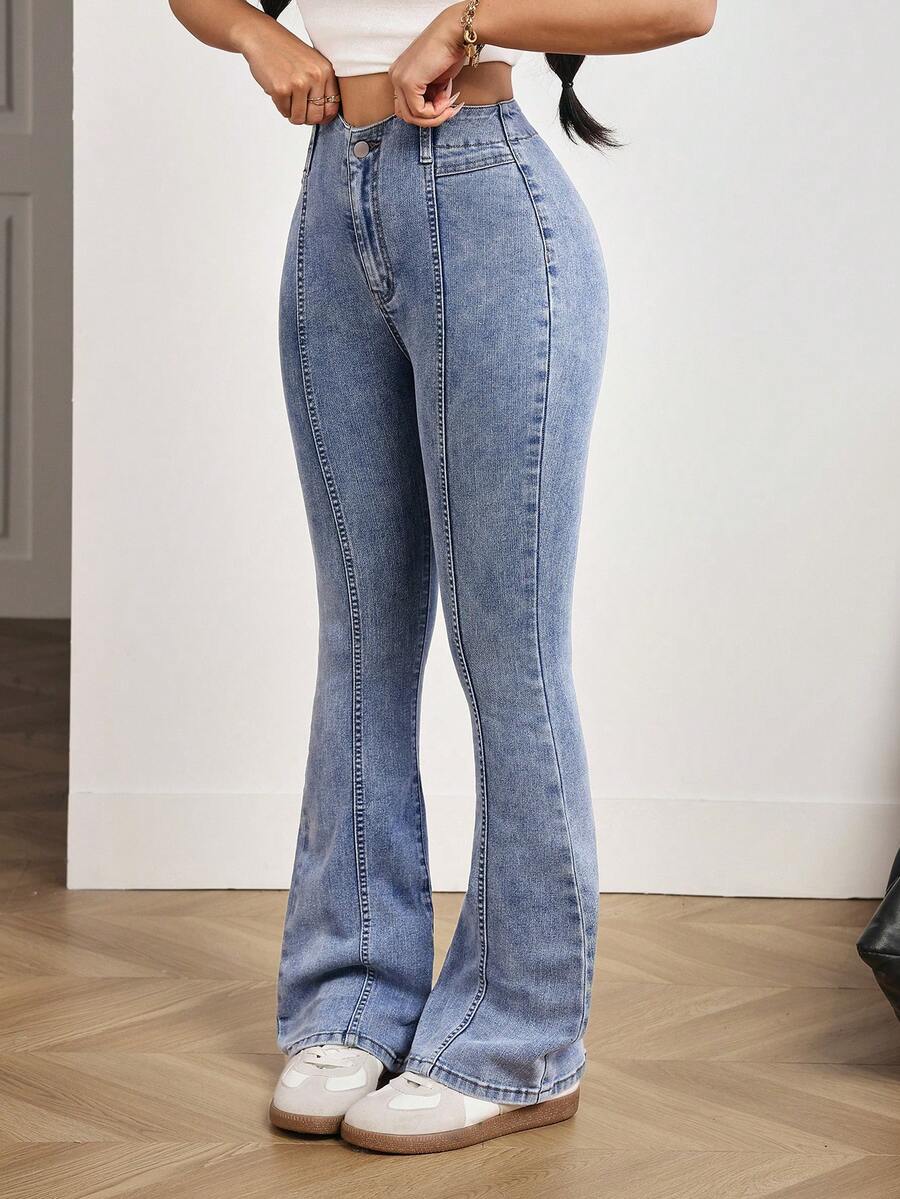 SHEIN PETITE 女士口袋纽扣休闲百搭日常喇叭牛仔裤 - 藍色 - 查看 1