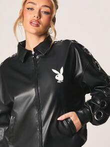 Missguided x Playboy Bunny Logo Faux Leather Bomber Jacket With Metal Grommets And Ribbed Cuffs For Streetwear Fashion - Black - View 4