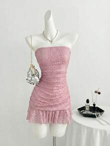 Elamini Women's Fashionable Sequin Ruffle Hem Strapless Dress, Summer - Pink - View 7