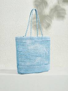 SHECARRY Women's Colorful Large-Capacity Straw Tote Bag, Suitable For Vacation And Travel - Light blue - View 2