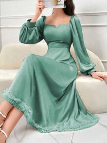 Modelyn Đầm dài tay dáng chữ A màu xanh lá cây dệt kim, thắt eo, thanh lịch, lãng mạn, điểm xuyết ngọc trai, dành cho nữ, thích hợp cho mùa xuân/hè. - màu xanh lá - Xem 3