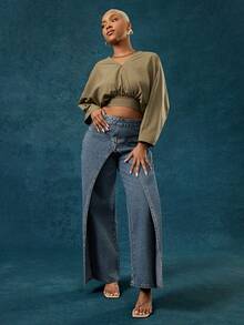 Vixey Jeans de pierna ancha de talle alto con panel asimétrico - Azul lavado oscuro - Ver 1