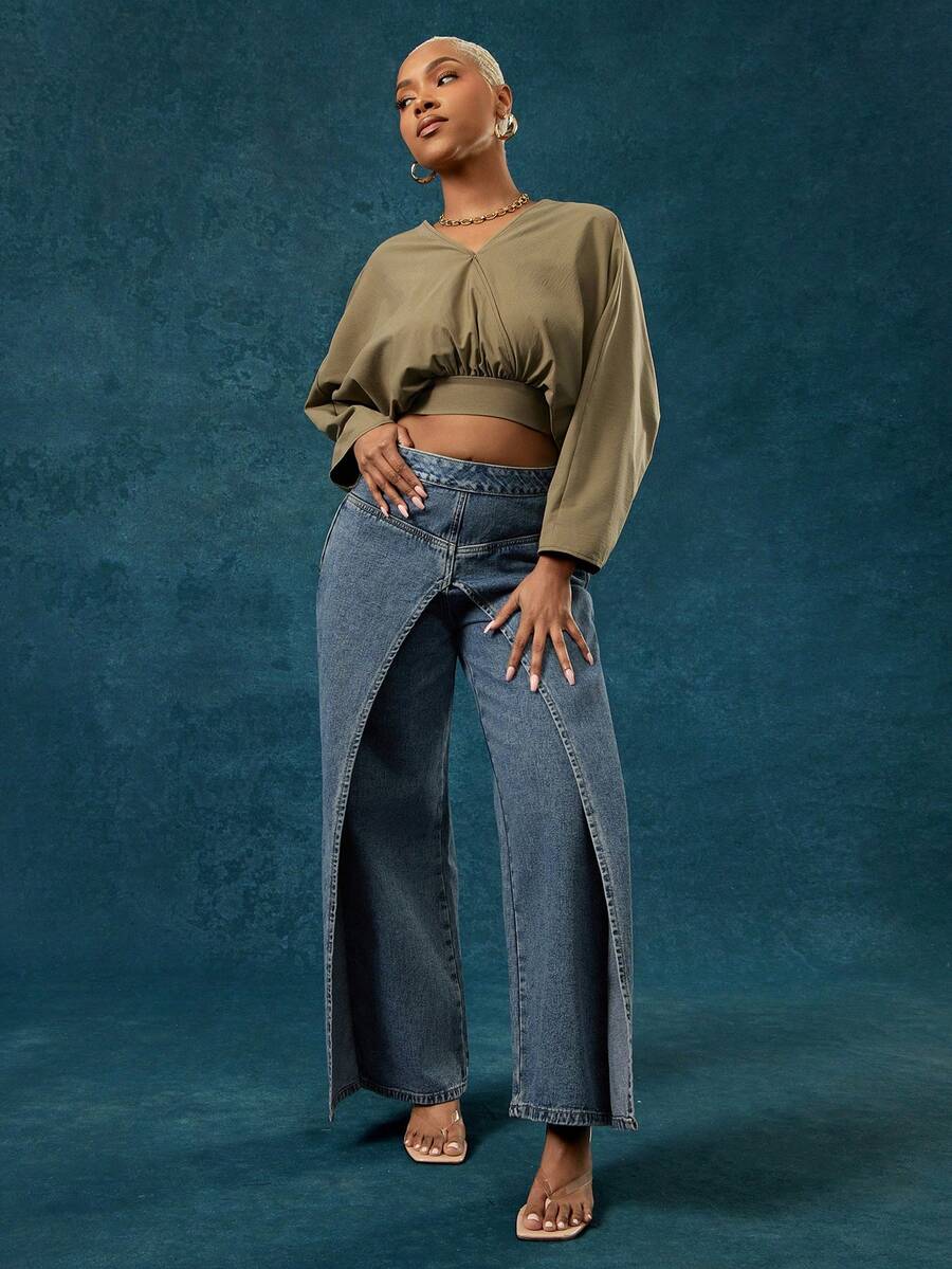 Vixey Jeans de pierna ancha de talle alto con panel asimétrico - Azul lavado oscuro - Ver 1