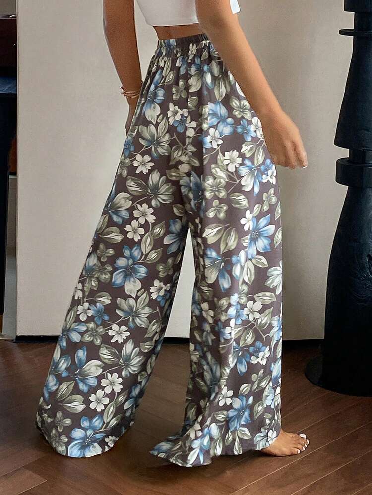 Elegant Floral Print Loose Wide Leg Women Pajama Bottoms