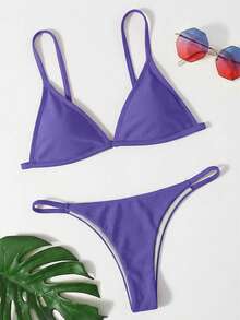 Swim Basics Solid Color Spaghetti Strap Minimalist Bikini Swimwear - Purple - View 1
