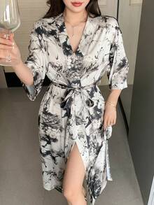 DAZY Floral Allover Print Satin Robe For Women - Black - View 3