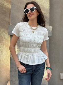Solivie Women's Casual Short Sleeve Ruffle Hem T-Shirt, Summer White Smocked Top White Ruffled Top - White - View 6