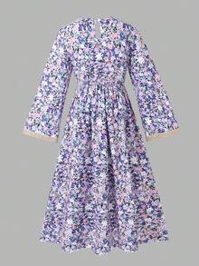 Teen Girls' Elegant Floral V-Neck Long Dress,Middle Eastern Style Purple Autumn Party Gown With Gold Accessories,Spring Summer Pink White Maxidress - Purple - View 2