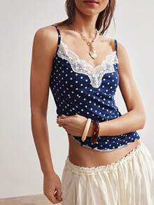 Bohemela Casual Knit Women's Polka Dot & Lace Patchwork Camisole Top - Blue - View 2