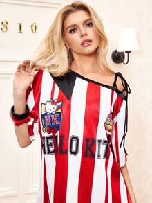 HELLO KITTY AND FRIENDS | SHEIN Women's Casual Fashion Street Cartoon Letter Graphic Striped Asymmetrical Shoulder Loose Short Dress, Summer - Red and White - View 7