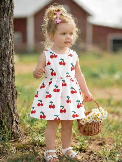 SHEIN Baby Girls' Cherry Print Round Neck Sleeveless Dress