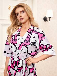 HELLO KITTY AND FRIENDS | SHEIN Women's Cartoon Pattern Belted Casual Short Sleeve Robe - White - View 4