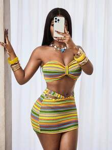 Mistrie 2 sztuki/zestaw damski seksowny wakacyjny top z teksturą na ramiączkach spaghetti + spódnica z wycięciem w talii, wiosna/lato - Wielokolorowe - Zobacz 5