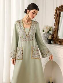 Al Najma Women's Sequin Patchwork Pocket Casual Party Outing Arabic Traditional Dress - Apricot - View 1