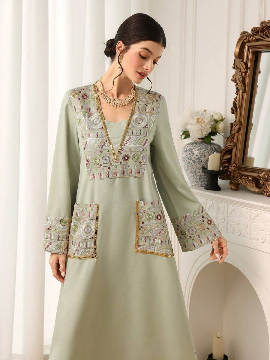 Al Najma Women's Sequin Patchwork Pocket Casual Party Outing Arabic Traditional Dress - Apricot - View 1