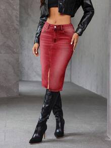 SHEIN Essnce Falda vaquera versátil y de moda para mujer con bolsillos y abertura lateral, adecuada para fiestas y salidas - Burdeos - Ver 3
