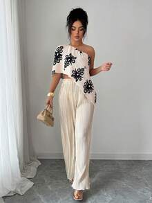 Rafferiza 2pcs Women Casual Elegant Printed Top And Straight Leg Pants Set - Apricot - View 3