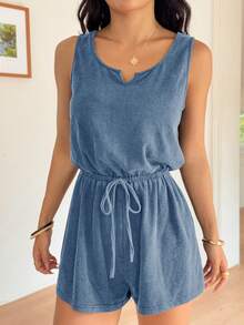 SHEIN EZwear 复古做旧蓝色针织弹力连体裤 女士夏季连体裤 牛仔连体裤 女士休闲连体裤 连衣裙连体裤 短款连体裤 女士休闲装 牛仔连体裤 女士短款连体裤 夏季女士连体裤 女士夏季装扮 - 藍色 - 查看 6