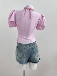 Flirla Rose Floral Striped Puff Sleeve Elegant Women Shirt - Pink - View 2