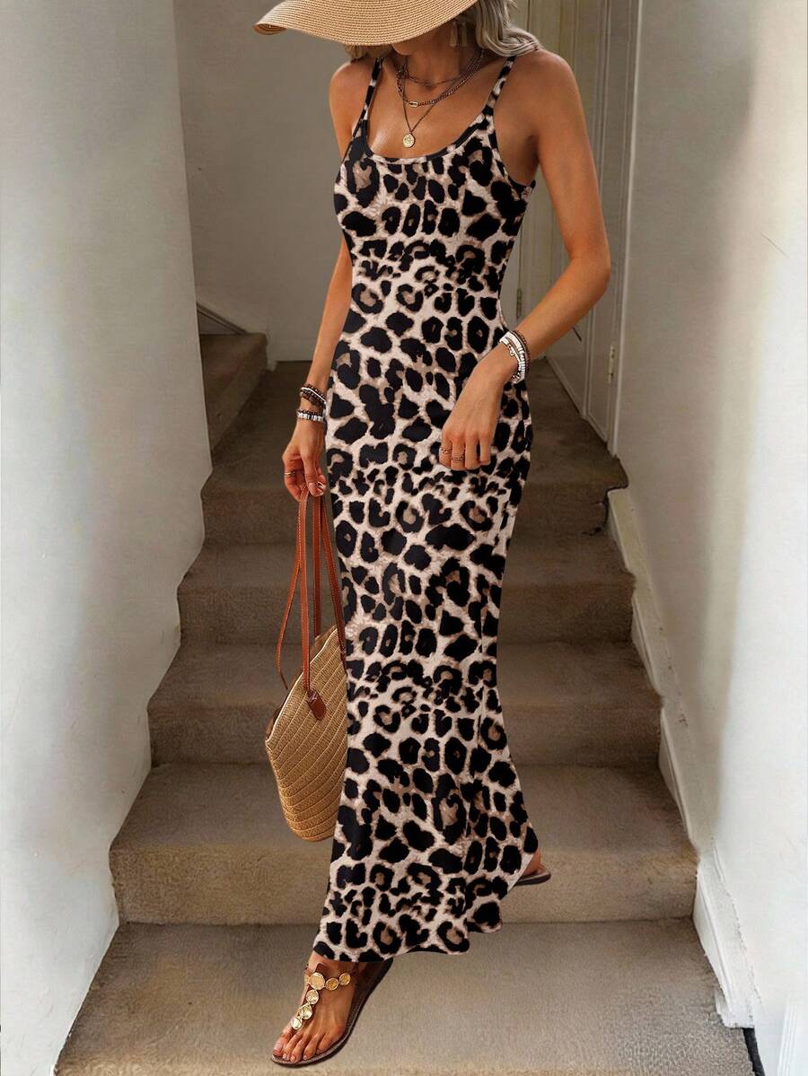 Easowa Women's Leopard Print Spaghetti Strap Bodycon Dress, Suitable For Spring/Summer,Casual - Multicolor - View 1