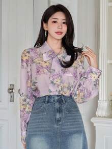 DAZY Women's Elegant Floral Print Tie Collar Blouse, Spring/Summer - Purple - View 5
