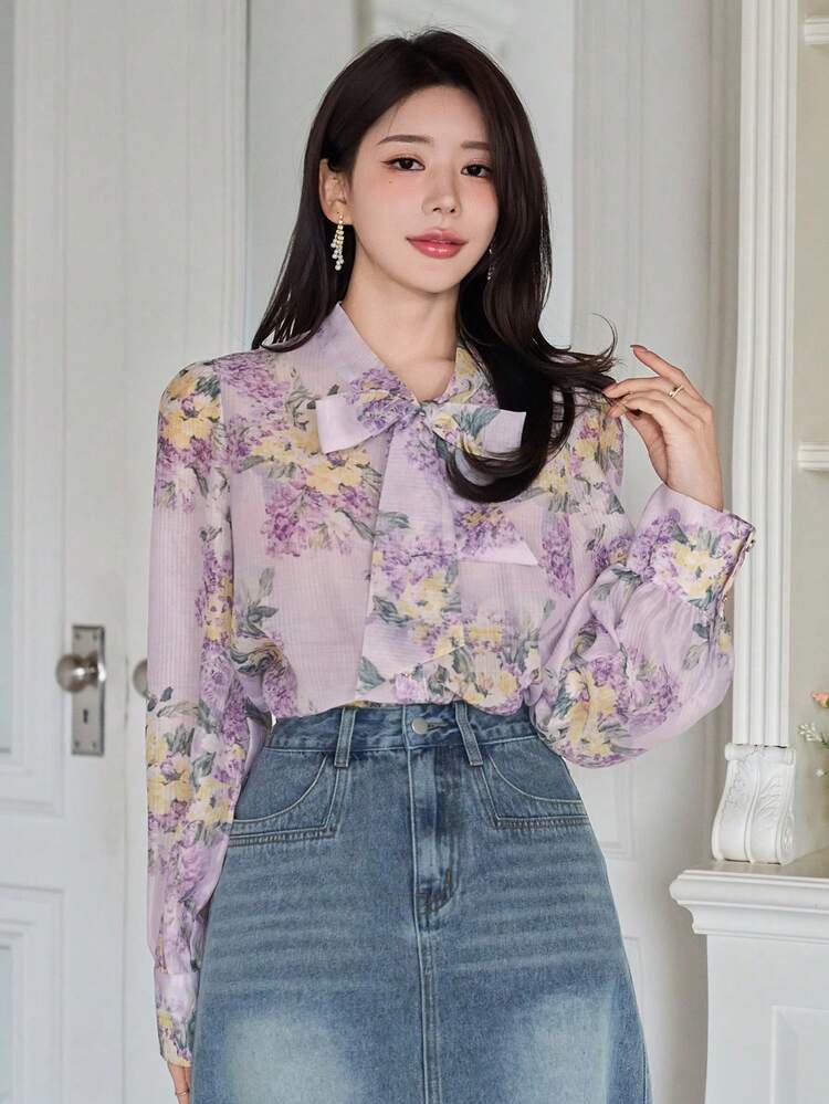 Women's Elegant Floral Print Tie Collar Blouse, Spring/Summer,Wedding Guest Dress Women