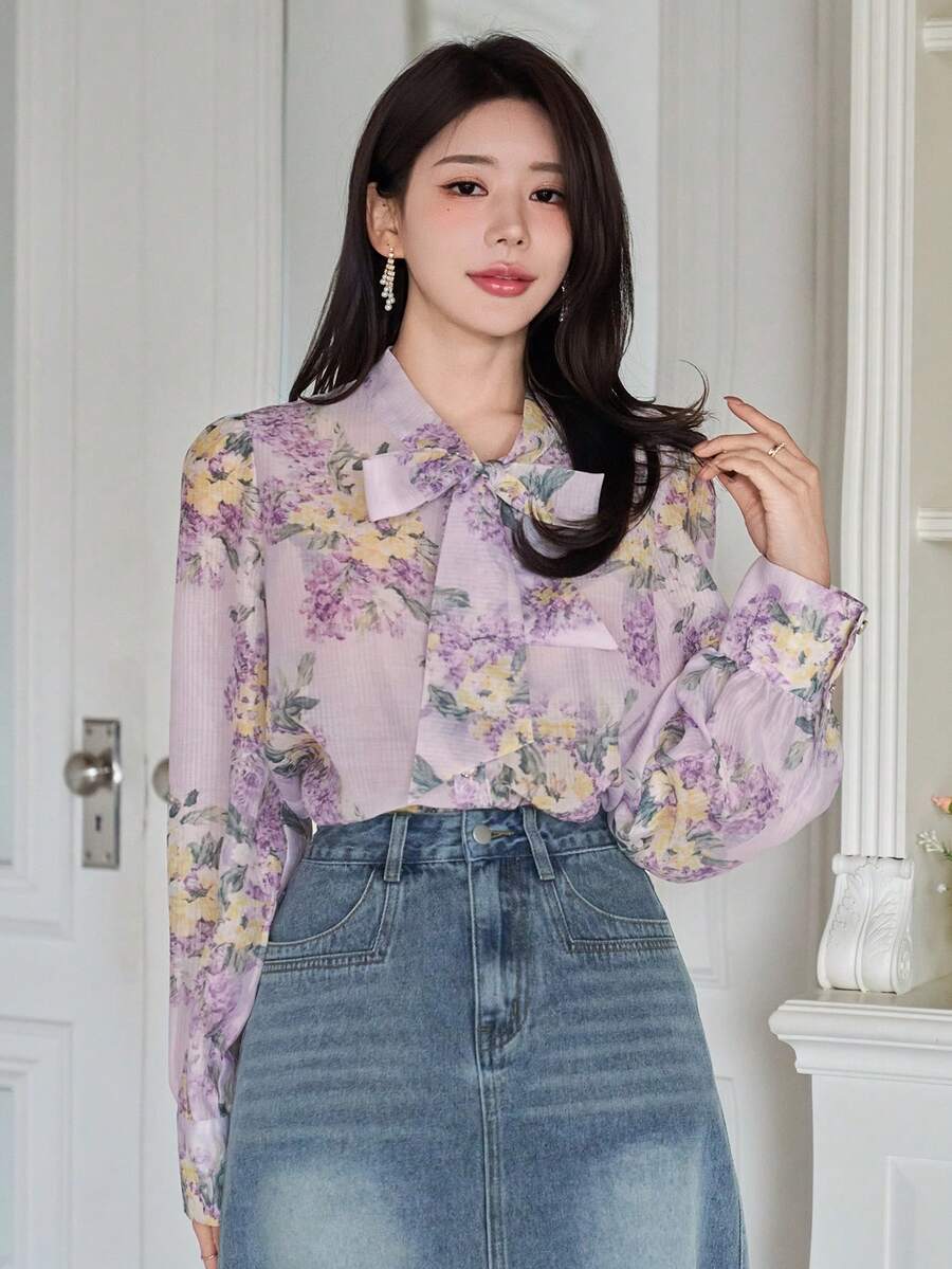 DAZY 女士优雅印花系领衬衫，春夏款 - 紫色 - 查看 1