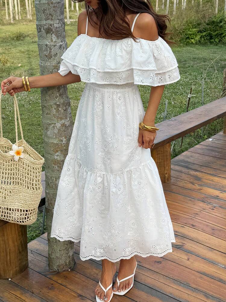 Women's Elegant Embroidered Off Shoulder Ruffle Hem White Midi Dress, Summer Wedding Guest Dress Sundress Boho