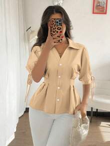 Franclia Áo kiểu tay ngắn thanh lịch, thiết kế ôm eo, tay phồng dành cho nữ, áo mùa hè dự tiệc, áo đi biển, áo kiểu thanh lịch, áo kiểu thường ngày màu nâu. - Màu Khaki - Xem 3