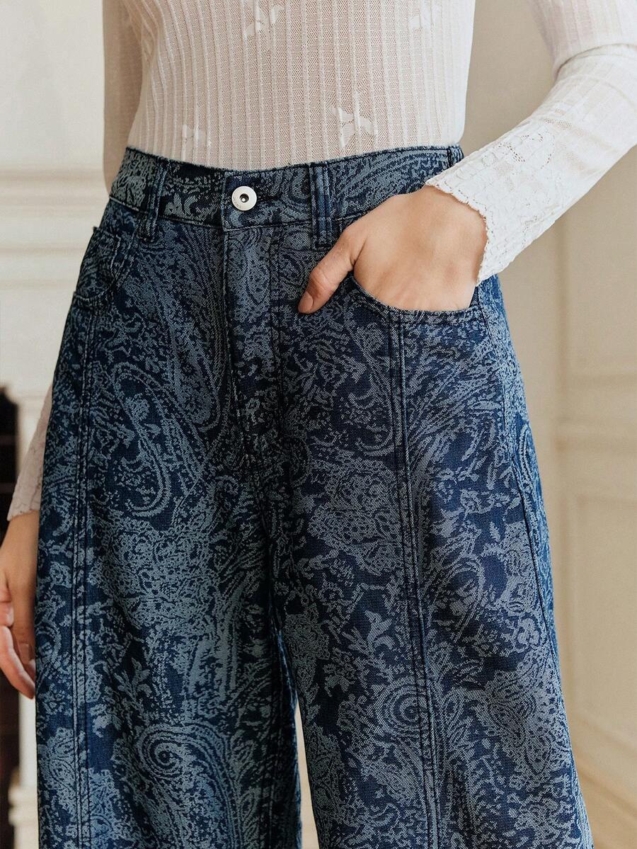 Anewsta 女士高腰宽松休闲印花蓝色喇叭牛仔裤，修身设计，适合情人节、春秋季穿着。 - 藍色 - 查看 1