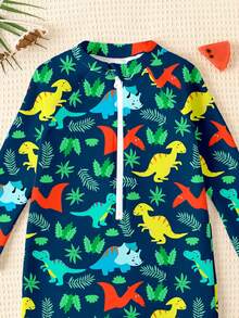 Young Boy Classic Ocean Animal & Palm Tree Print Slim Fit Long Sleeve One-Piece Swimsuit, Suitable For Summer, Beach, Surfing, Swimming - Multicolor - View 4