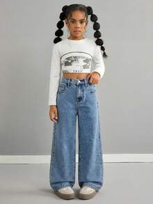 SHEIN Jeans anchos y holgados de color caqui para niñas - Lavado ligero - Ver 6