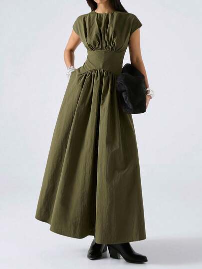 LYSMO 2026 New Arrive Minimalism Spring/Summer Women's Solid Color Round Neck Short Sleeve Ruched Waist Fashionable Long Dress, Summer