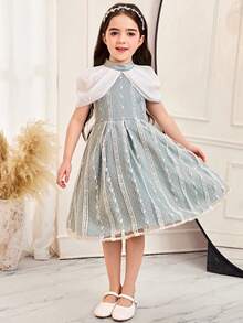 SHEIN Young Girl Woven Contrast Color Collar Mesh Patchwork Casual Dress Party Dress For Young Girls In Autumn And Winter Kids Jacquard Dresses Dusty Blue Dress For Girls - Green - View 6