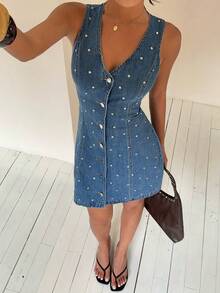 Aloruh Women's Summer Casual Sequin Front Button Denim Dress - Blue - View 5