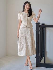 DAZY Bộ đồ 2 món dành cho nữ, gồm áo cardigan cổ tròn tay ngắn tay phồng và chân váy dài, kiểu dáng thanh lịch, thường ngày, thích hợp cho các buổi tiệc. - Màu be - Xem 2