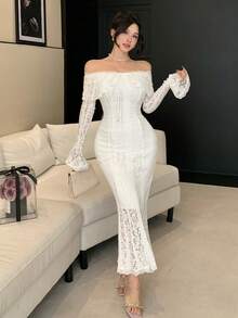 DAZY Vestido de playa elegante de manga larga con hombros descubiertos y encaje para mujer - Blanco - Ver 5
