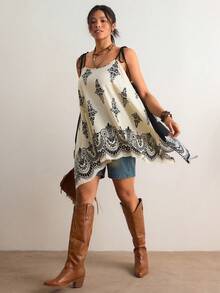 Freevana 大码波西米亚风腰果印花吊带背心，双面可穿不对称下摆宽松上衣，度假显瘦时尚吊带背心 - 黑與白 - 查看 8