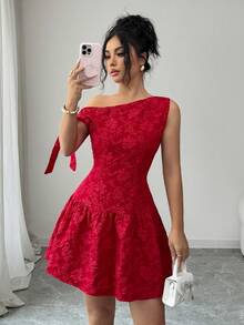 Elenzga Đầm ngắn phối vạt chéo, chất liệu vải jacquard dệt họa tiết, vai lệch, thắt eo, kiểu dáng thanh lịch và tinh tế, phù hợp cho công sở, sinh viên, ngày Valentine, mùa xuân/hè. - Đỏ - Xem 6