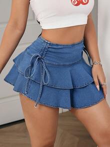 SHEIN PETITE Women's Summer Casual Ruffle Hem Mini Denim Skirt - Blue - View 1