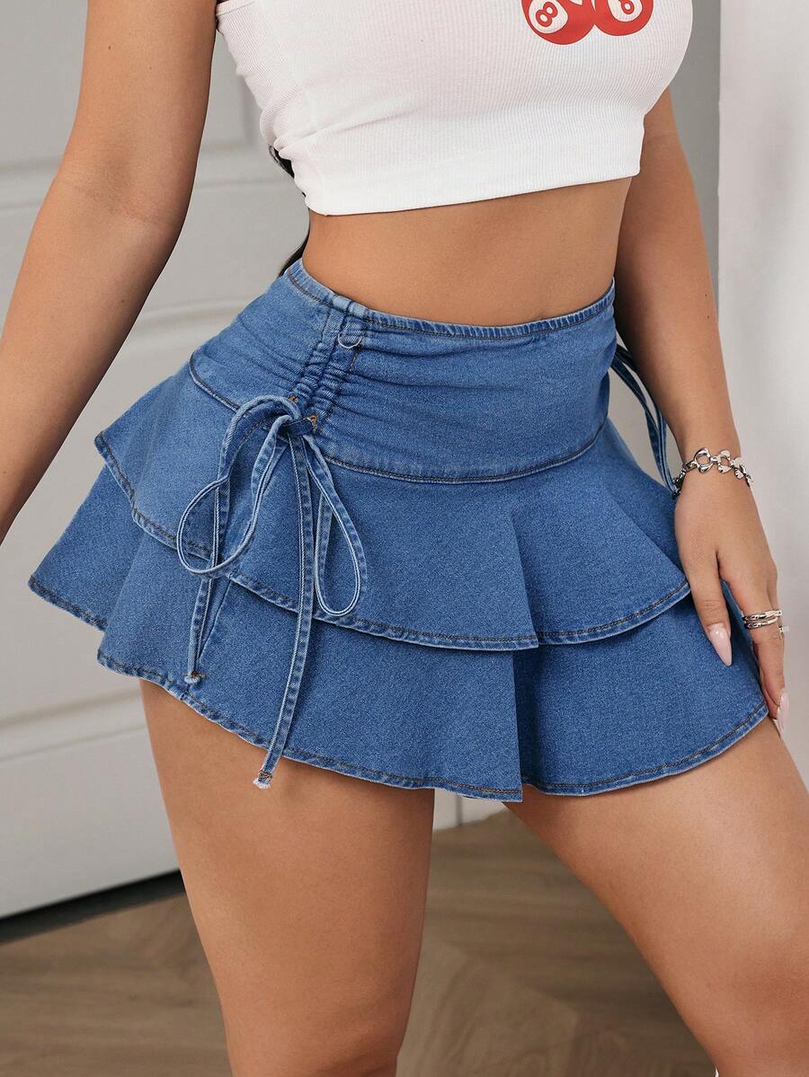 SHEIN PETITE Women's Summer Casual Ruffle Hem Mini Denim Skirt - Blue - View 1