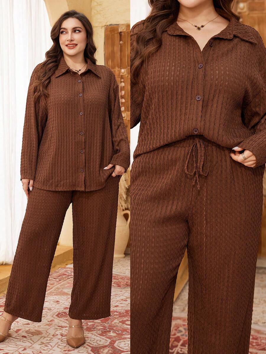 Lacomfia Plus Size Vintage Textured Shirt Set, Slimming 2 Pieces Outfit For Autumn/Winter - Brown - View 1