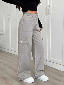 SHEIN PETITE Solid Color Loose Straight Leg Casual Fashionable Versatile Denim Pants - Light Grey - View 3