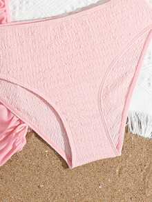 SHEIN Bộ bikini 3 mảnh thời trang mới dành cho thiếu nữ, màu be, chất liệu vải đặc biệt, kèm váy sarong và dây buộc eo. - Hồng - Xem 6